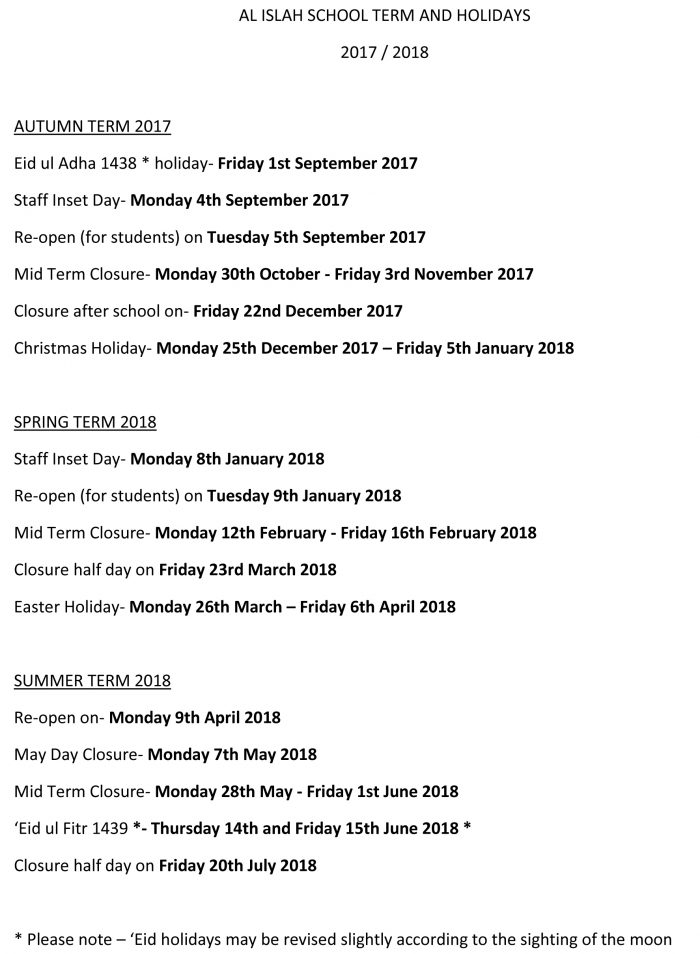 Holiday List 2017/18